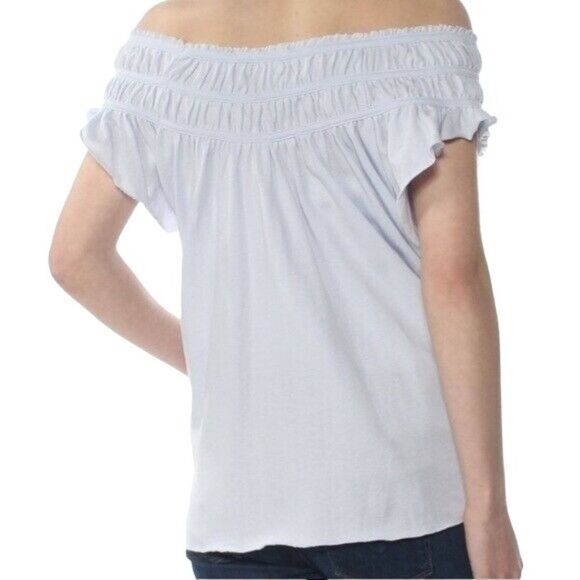 Free People Smocked Off Shoulder Ruffled Sleeve Top Sz M Lt. Blue Rayon Knit NEW - Picture 2 of 8